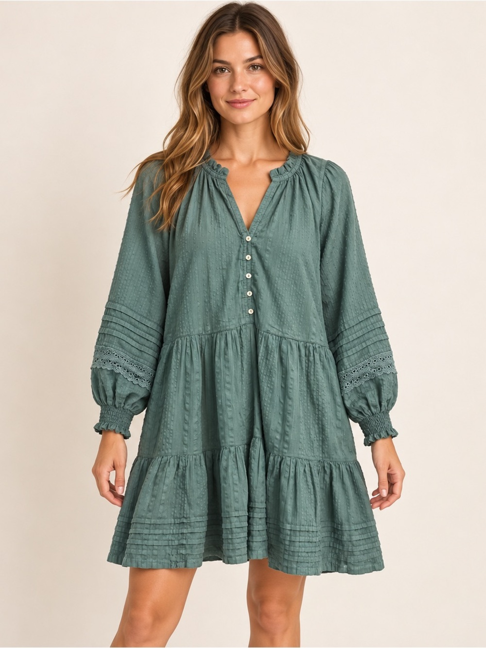 Anthropologie Dress Womens XS Green Tiered Mini Eyelet Long Sleeve Boho Pintuck